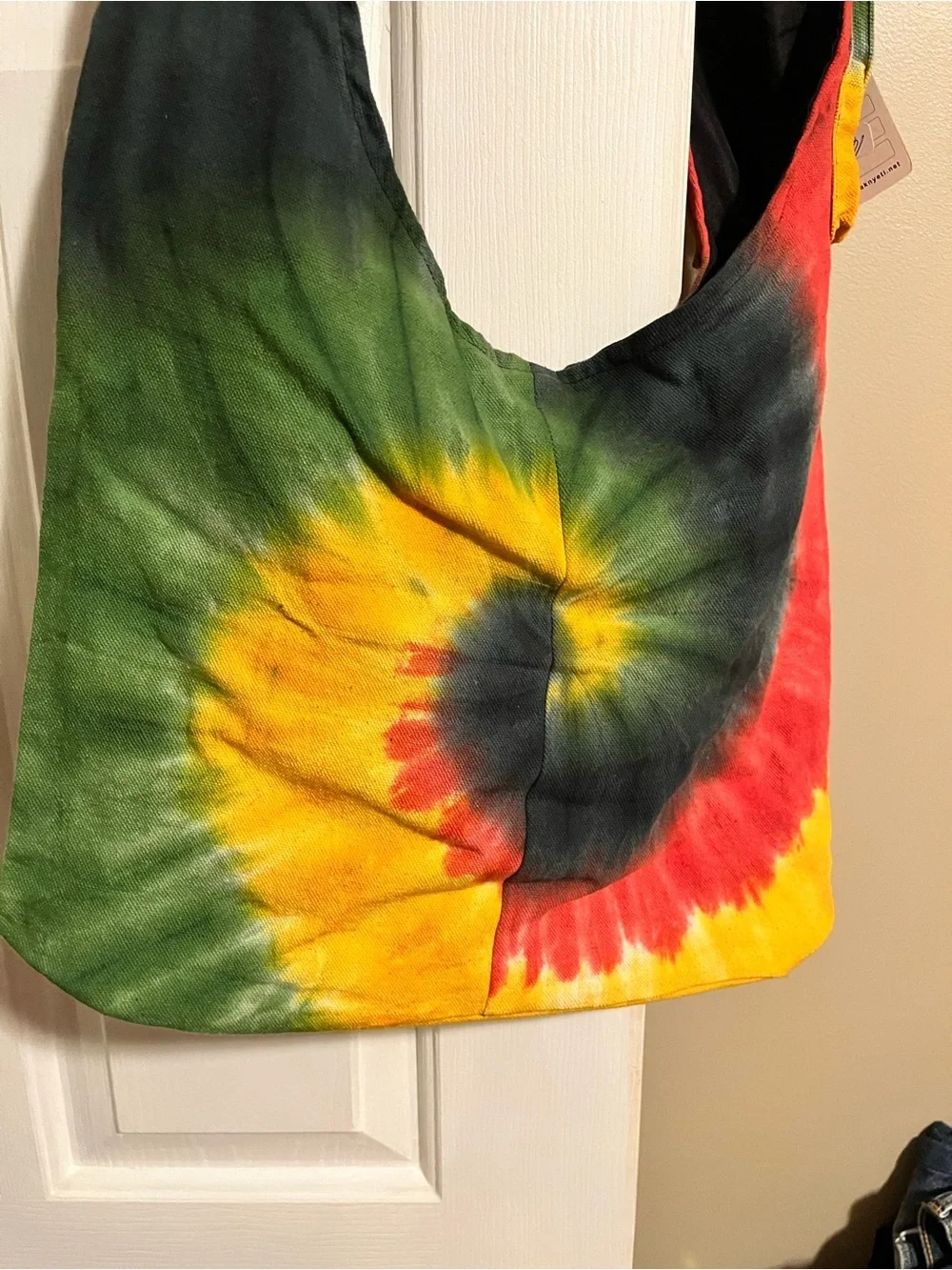 Yak & Yeti Tie-Dye Spiral Hobo Crossbody Bag in Red, Yellow & Green